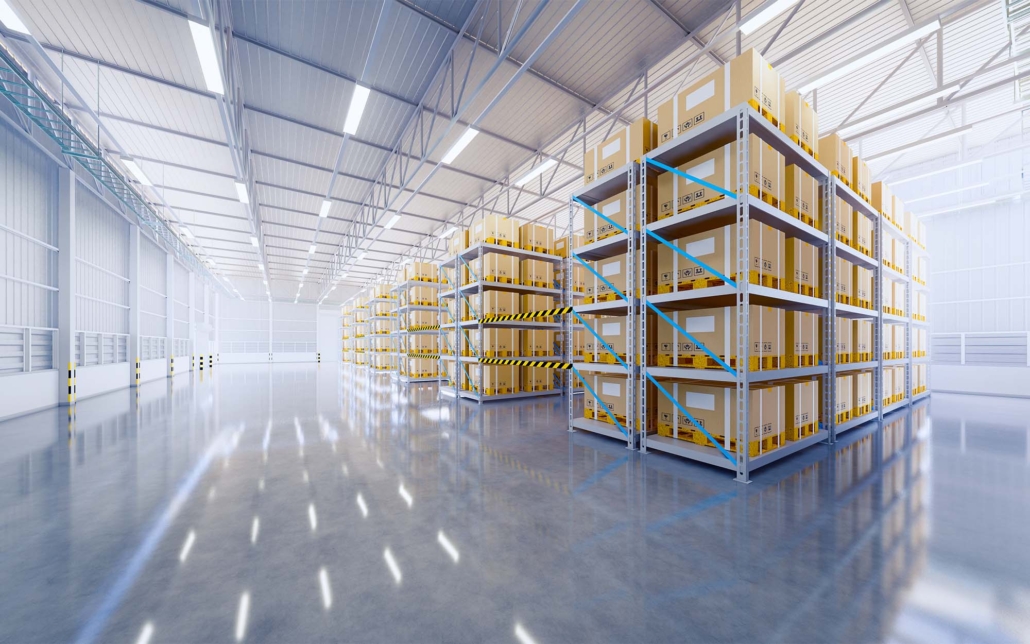 Warehouse or industry building interior. known as distribution center, retail warehouse_