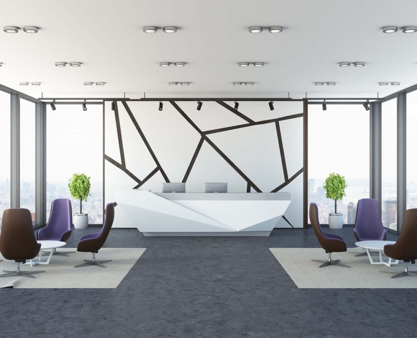 White wall pattern office reception, armchairs