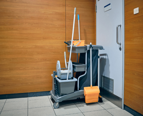 Cleaning tools cart. Airport cleaning service equipment