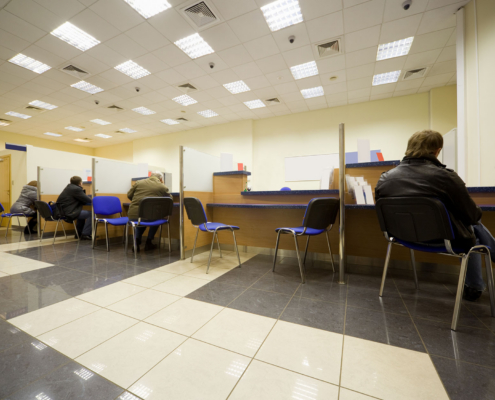 side view of a bank lobby